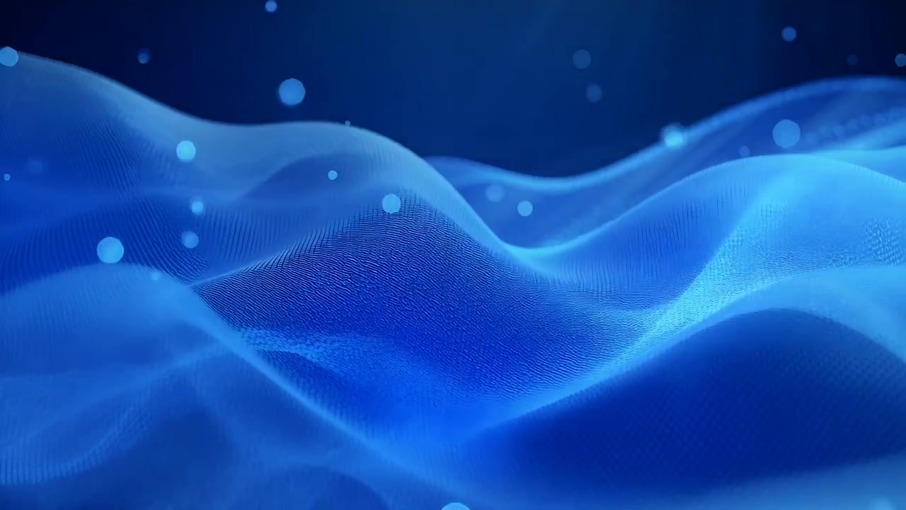 Sheer blue mesh rippling in navy on start, releasing glowing orbs creating depth with soft light