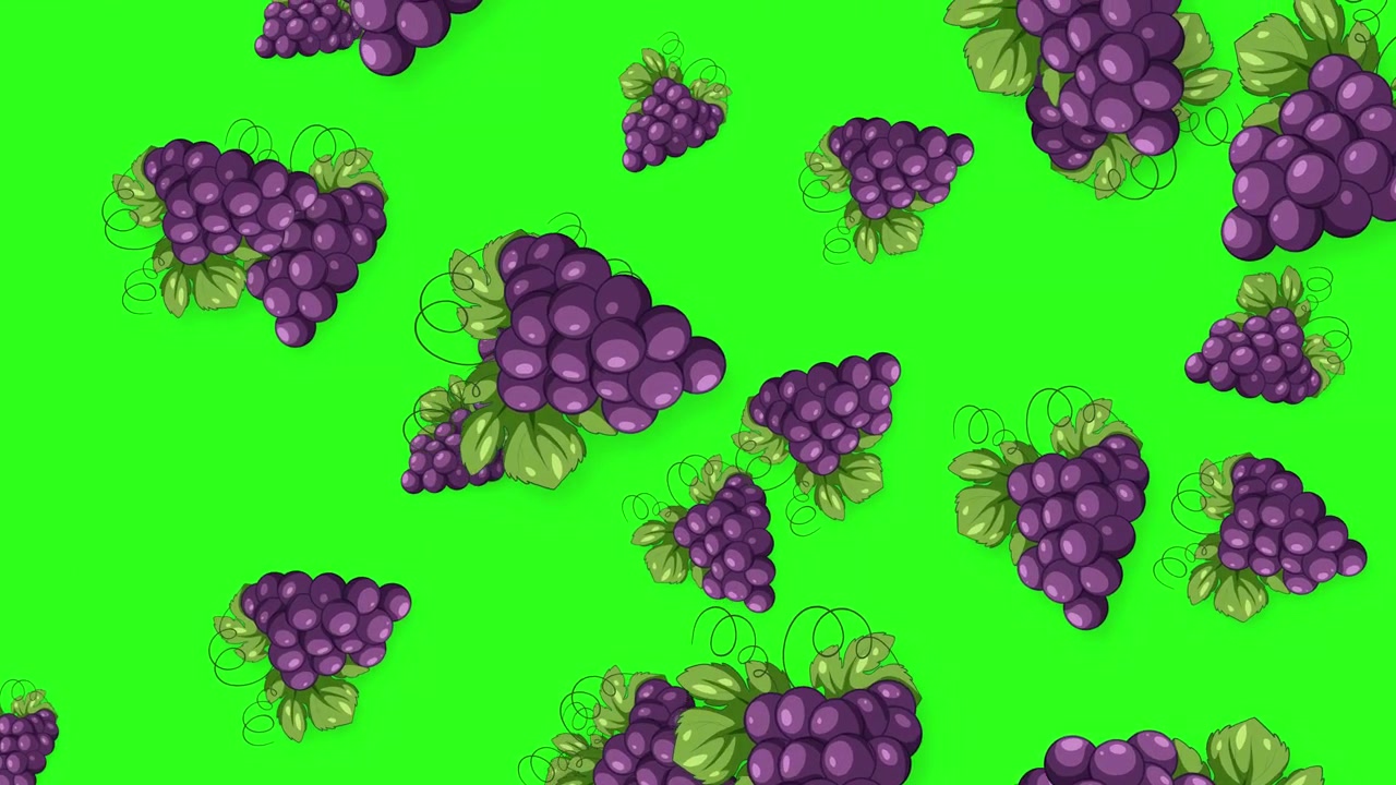 Grappoli d'uva viola in stile cartoon con foglie verdi cadono verticalmente su uno sfondo verde brillante
