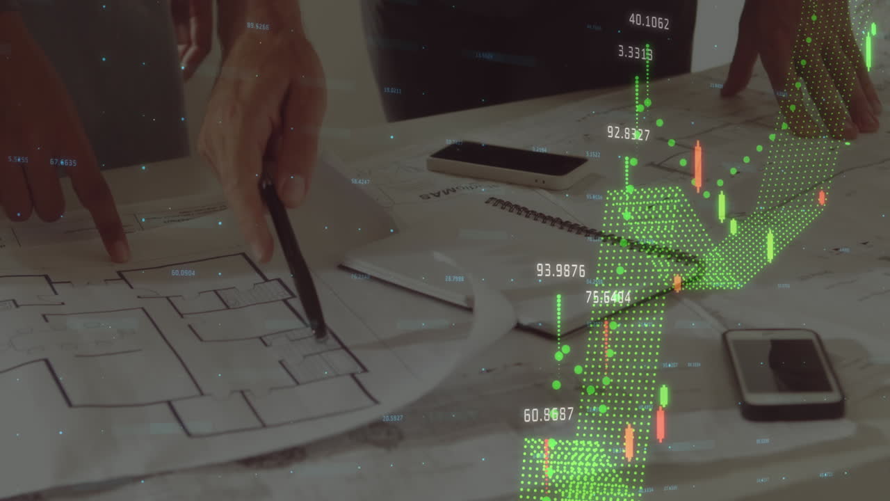 animación de estadísticas y procesamiento de datos financieros sobre arquitectos con planes en reunión