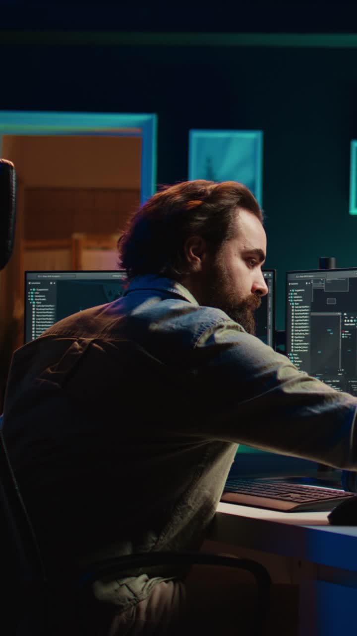 Male Developer Working on AI Software with Multiple Computer Screens