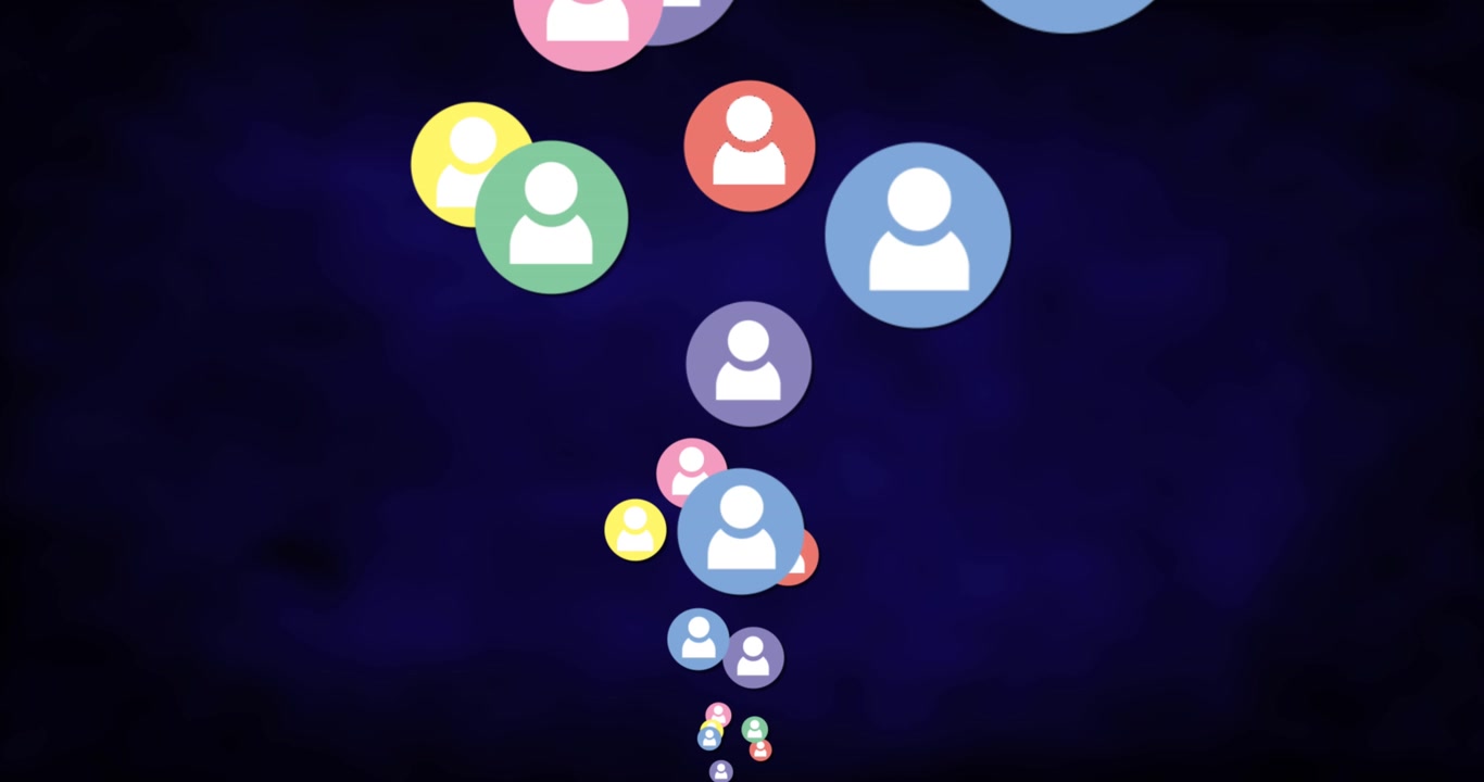 Animation of multiple colorful profile icons floating against blue background