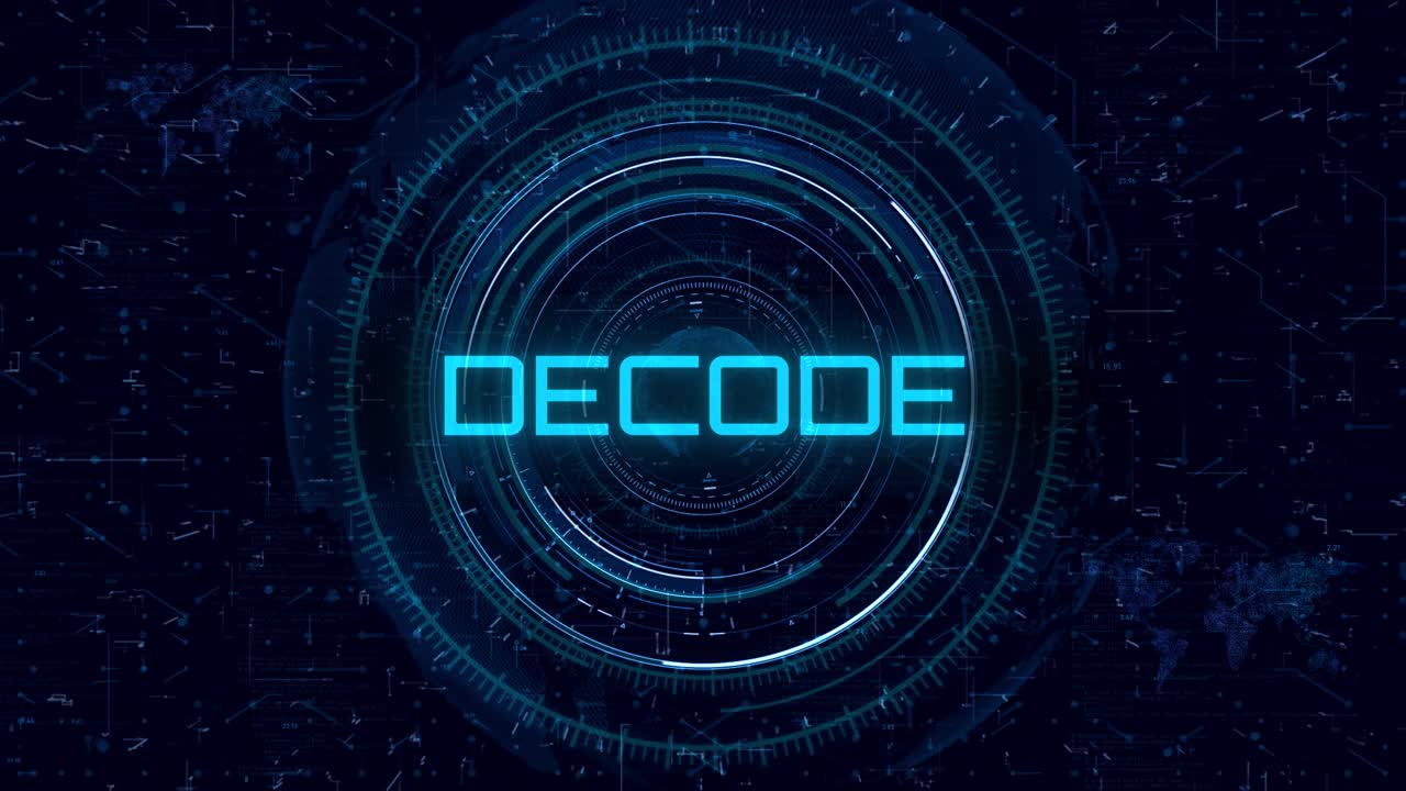 Animated Decode Text Over Digital World Map Cyber Tech HUD Reveal