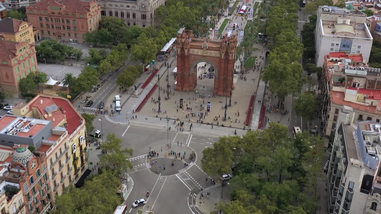 Barcelona City Downtown Arc of Triumph Drone Flying Forward 4K