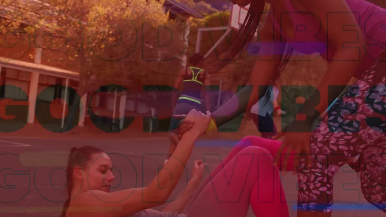 Animation of vibes text over african american woman exercising