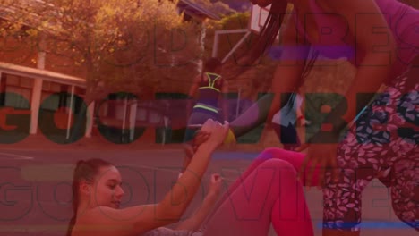 animation of vibes text over african american woman exercising