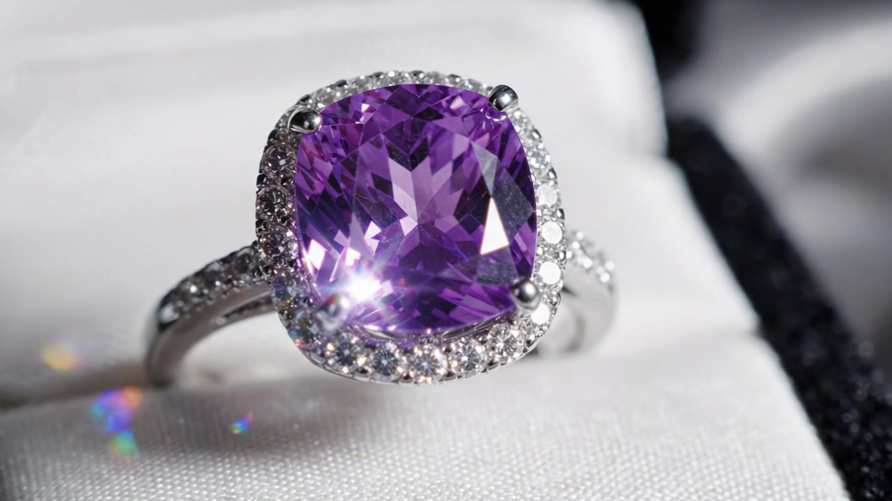 A Stunning Close-Up of a Sparkling Purple Gemstone Ring Displayed Elegantly on a Soft Satin Fabric in Dramatic Lighting