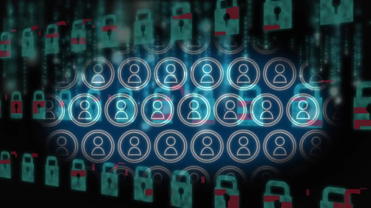 personas, cerradura digital y lluvia de matriz