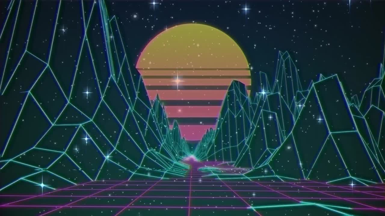 디지털 산과 태양 위의 별들의 애니메이션