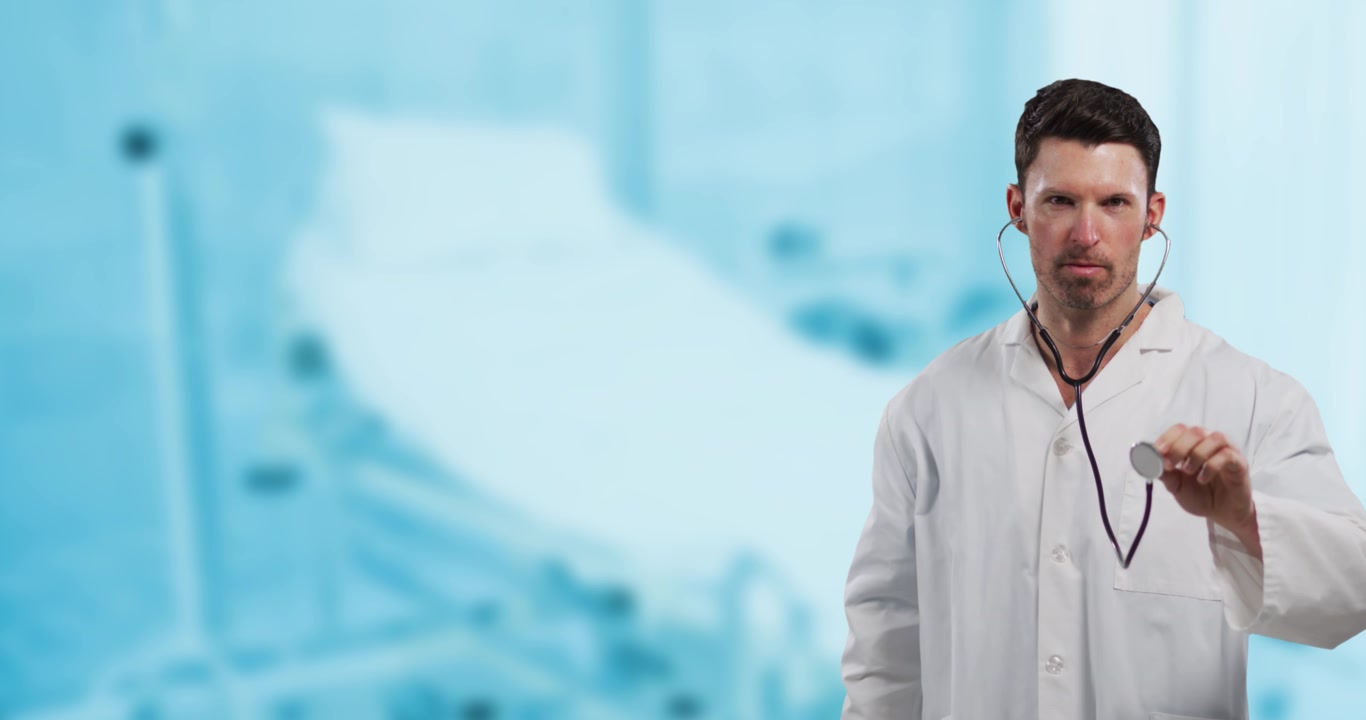 Animation eines weißen männlichen Arztes über einem Krankenhaus.