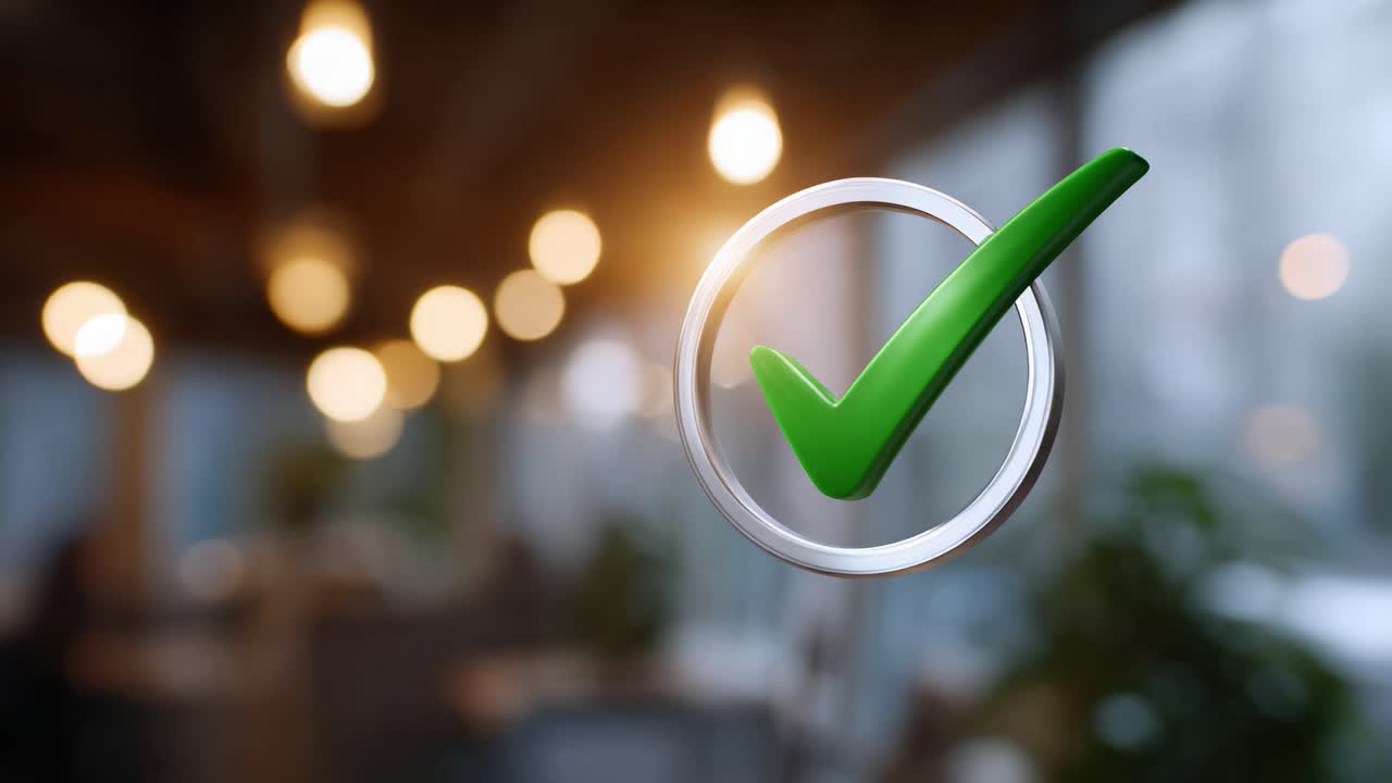 A vibrant, colorful check mark icon symbolizing approval or success, set against a blurred background of warm lights and an inviting indoor space