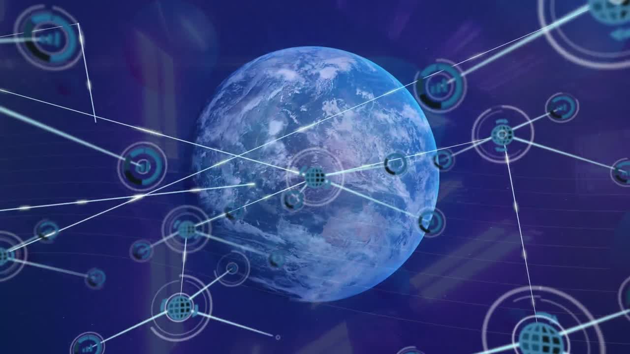 анимация сети соединений с иконами по всему миру