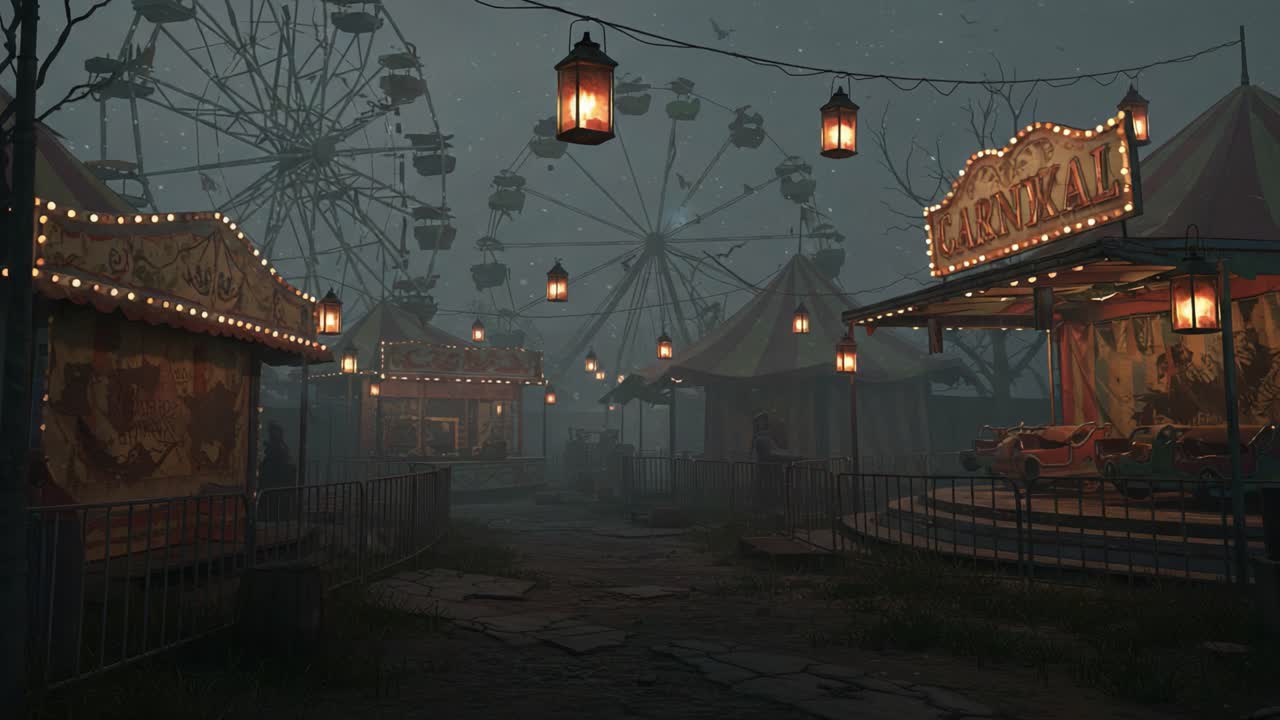 A hauntingly beautiful scene of a deserted carnival at night, illuminated by glowing lanterns, surrounded by eerie mist and shadowy outlines of amusement rides