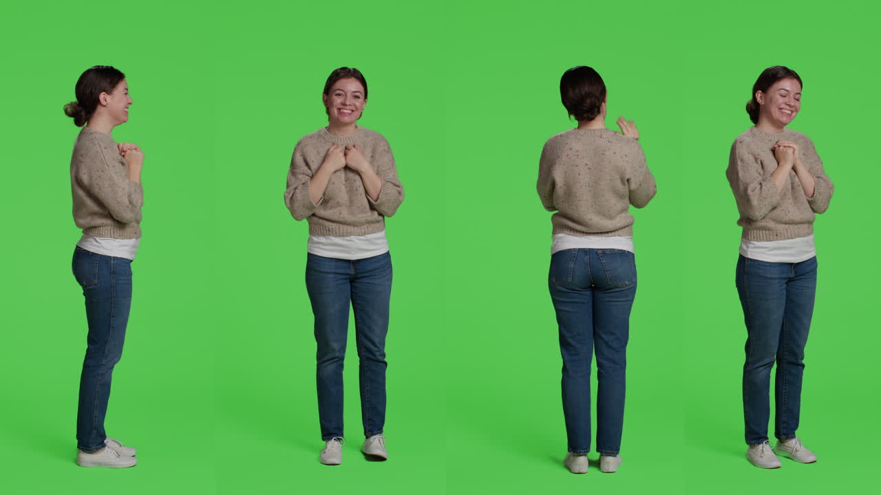 Four views of a woman in a sweater and jeans on a green screen