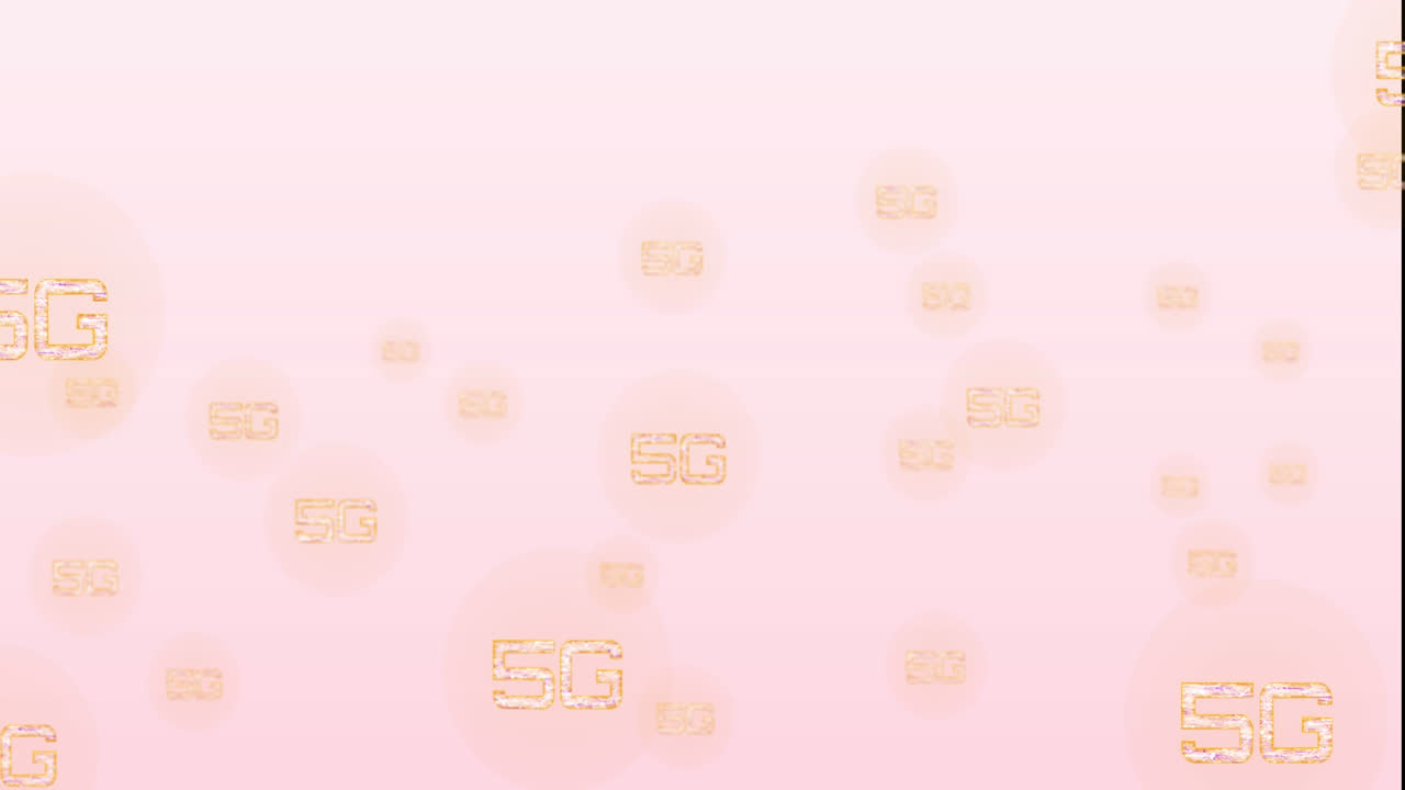 animación de múltiples banners de texto 5g flotando contra un fondo de gradiente rosado