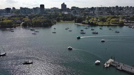 Toma-De-Drones-De-False-Creek-En-El-Verano-En-El-Centro-De-Vancouver-Con-Barcos,-árboles-Y-Edificios-En-La-Toma.