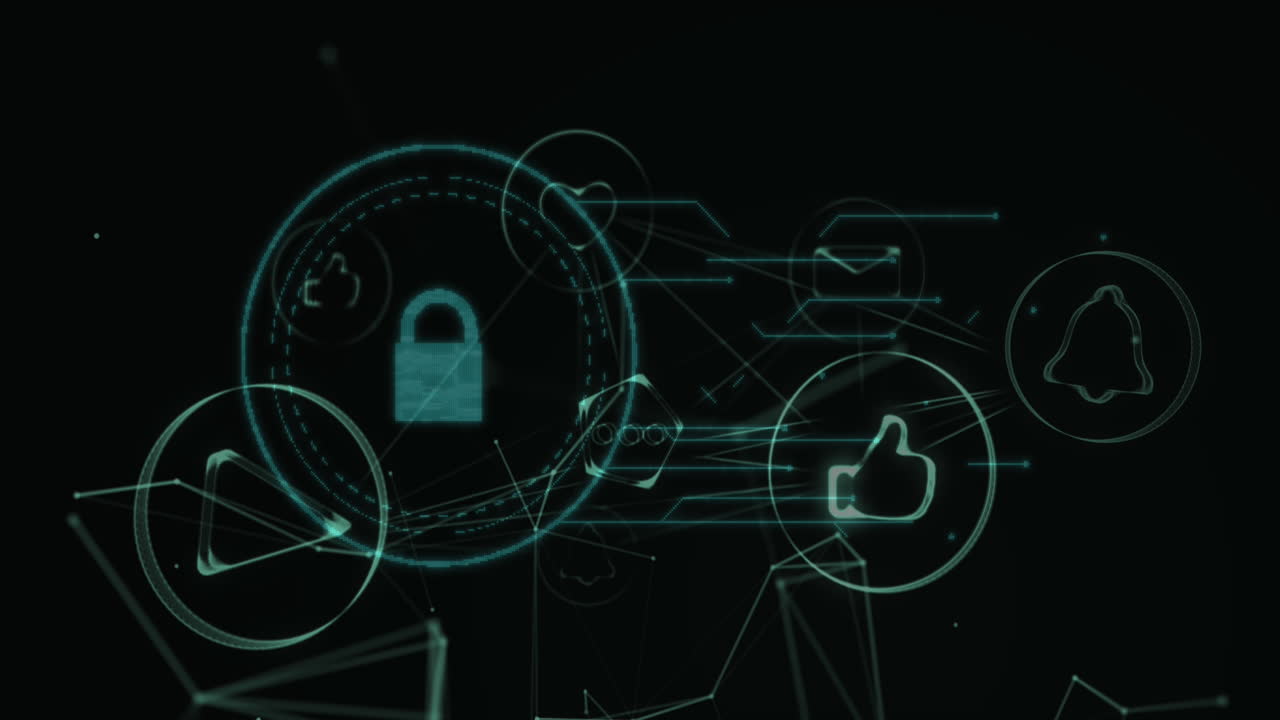Network of digital icons and security padlock against black background