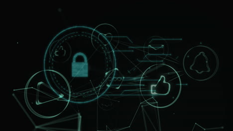 network of digital icons and security padlock against black background