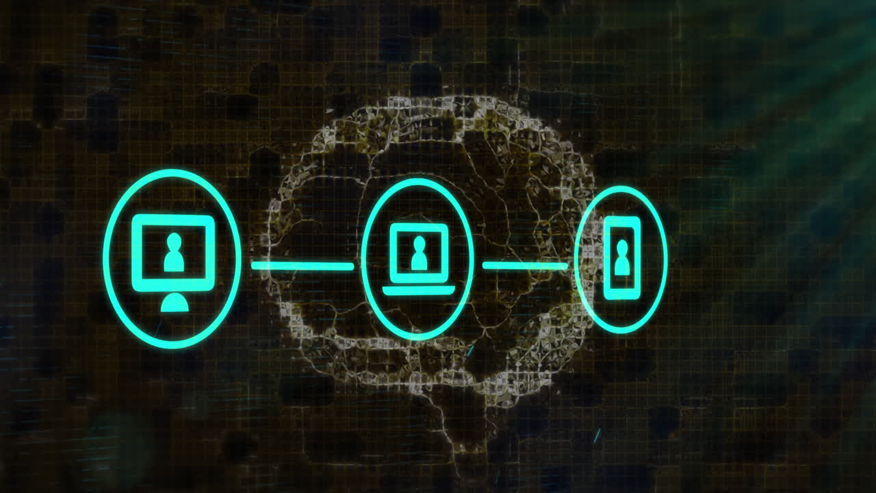 Animation of connected digital communication media icons and rotating brain on black
