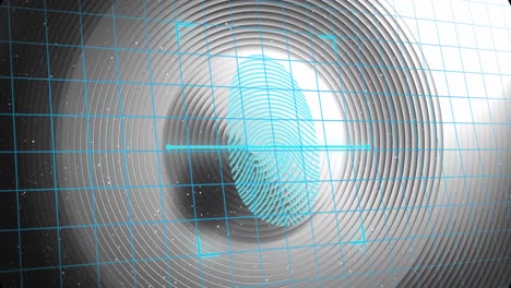 animation of biometric fingerprint scan over black and grey concentric rings