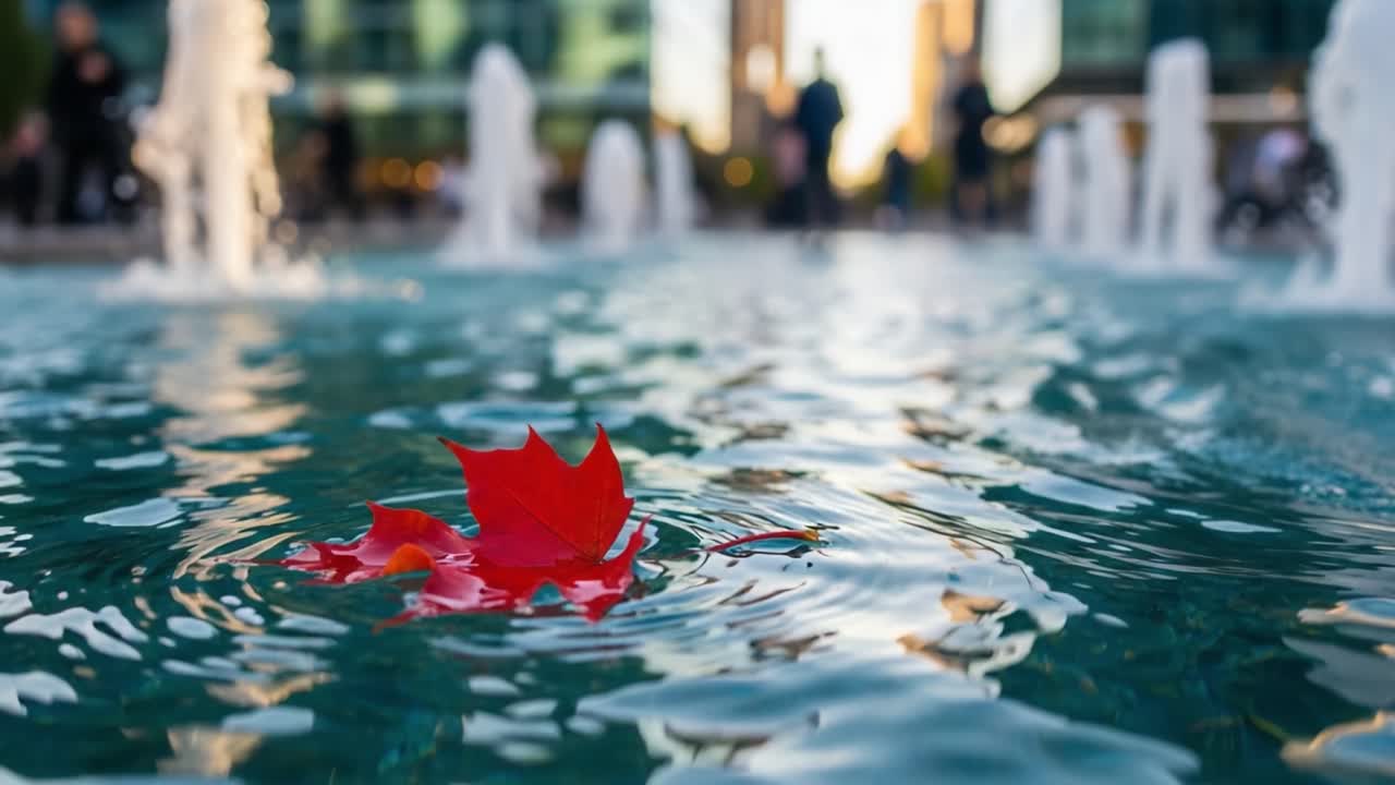 A Floating Red Leaf on a Sparkling Water Fountain with Urban Reflections in the Background Capturing the Serenity of Nature Amidst a Concrete Landscape