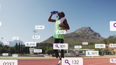 animación de barras de notificación sobre atleta afroamericano bebiendo agua después de la práctica