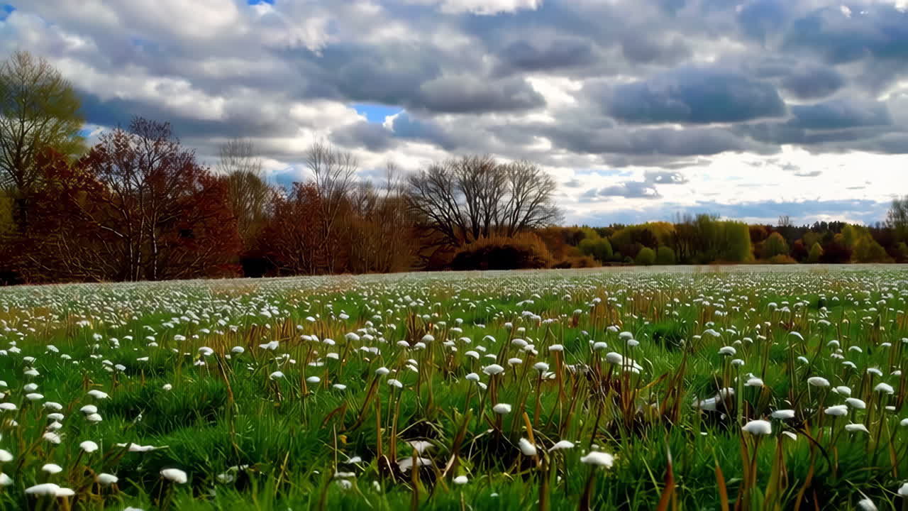 White Flowers Field Under Cloudy Sky