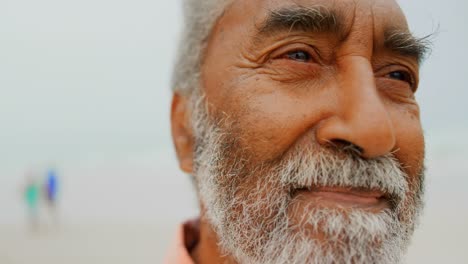 primer plano de un hombre afroamericano senior activo y reflexivo de pie en la playa 4k