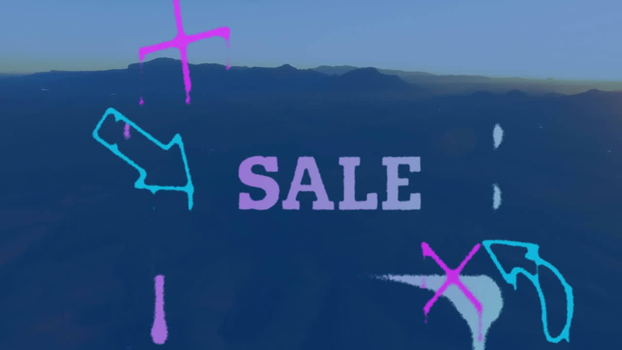 SALE block letters floating over mountain range, glowing with neon arrows and dripping pink paint