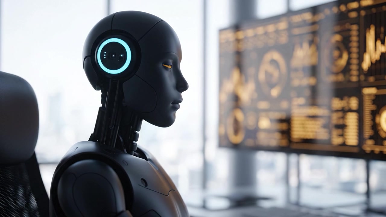 A futuristic humanoid robot with advanced technology interacts silently in a modern workspace, showcasing the integration of AI and data analytics in daily life.