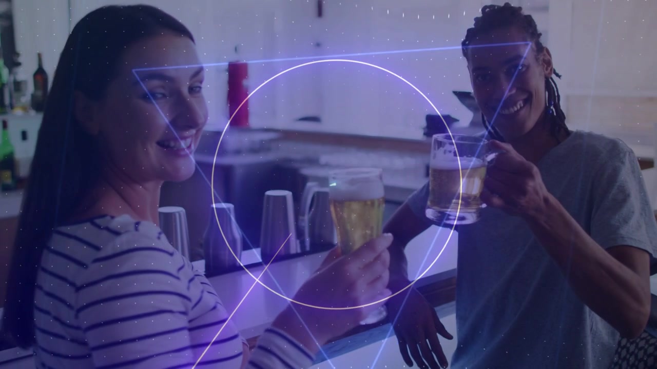 Woman standing man sitting at bar lifting beers sparking neon shapes on beers toasting pals social