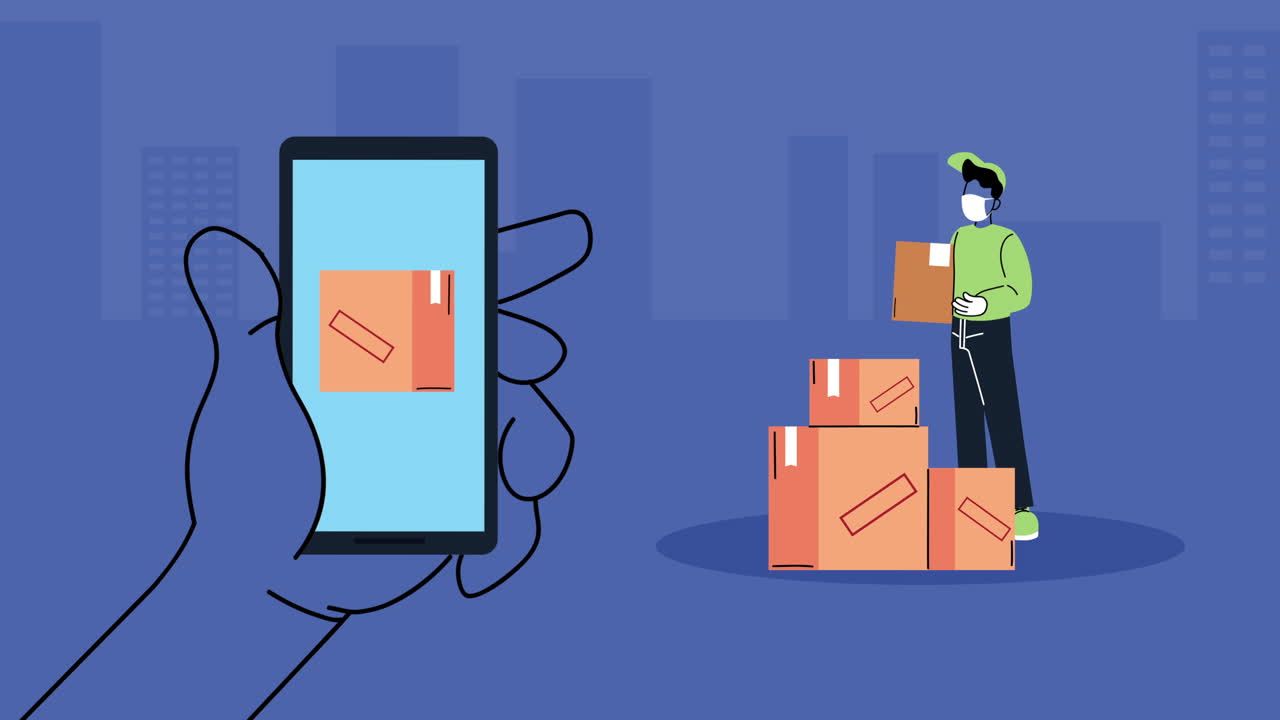 mensajero de entrega seguro con máscara médica con caja de cartón en el teléfono inteligente