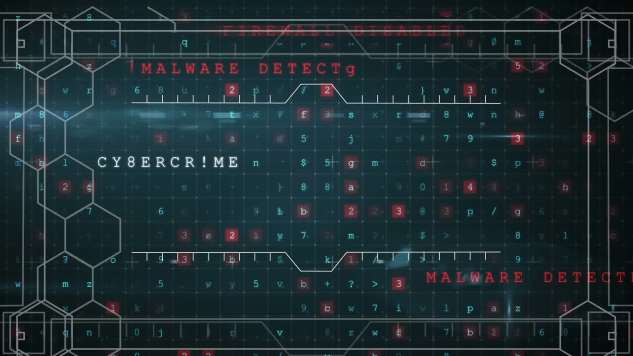 Animation of hexagons pattern over multiple text, letters, numbers and symbol on black background