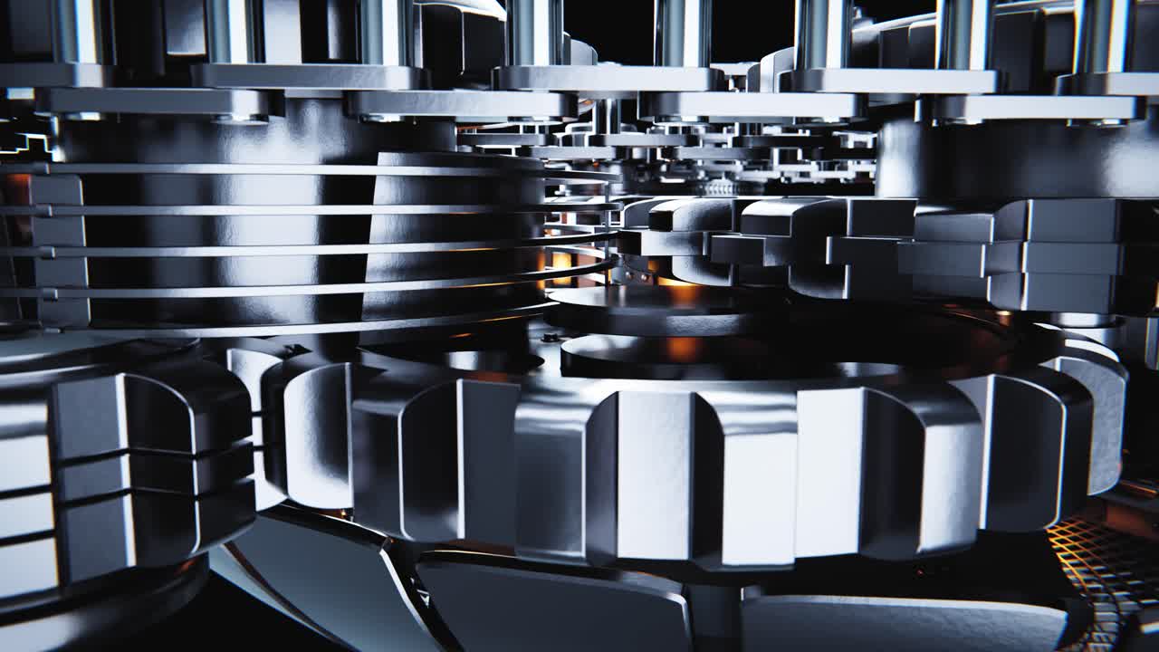 Close-Up of Shiny Metal Gears Rotating in a Complex Mechanism