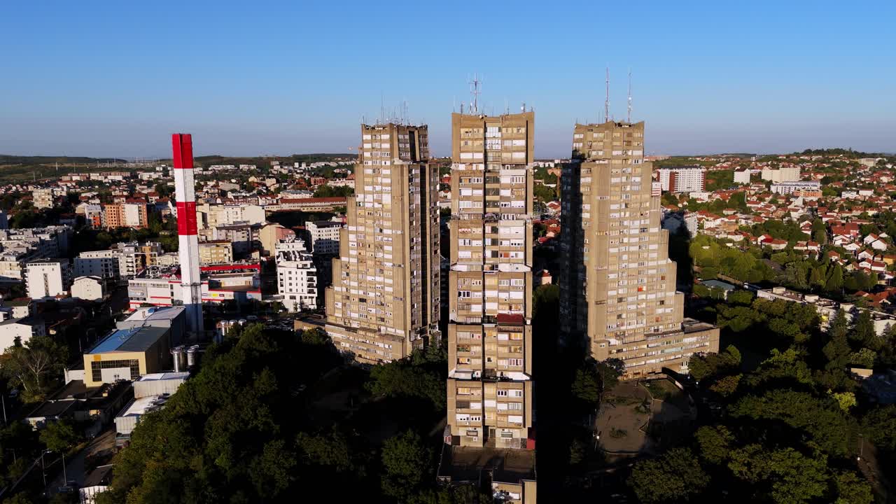 Aerial drone view of the Eastern Gate of Belgrade, Serbia a monumental brutalist residential complex urban cityscape skyline ex Yugoslavia