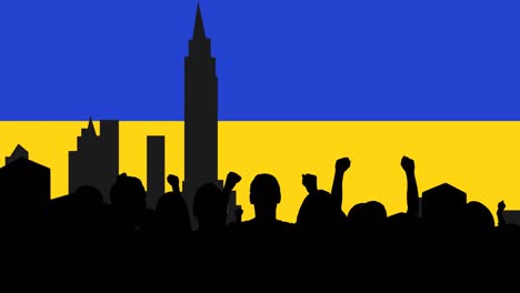 animation of protesters silhouettes and cityscape over flag of ukraine