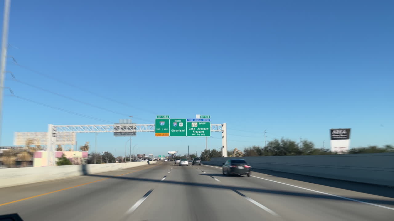 Timelapse driving on Houston Insterstate 69 Freeway during rush hour. Car time-lapse on Texas 59 highway going through multiple ramps and bridges about. Fast forward in time driving on city freeway.