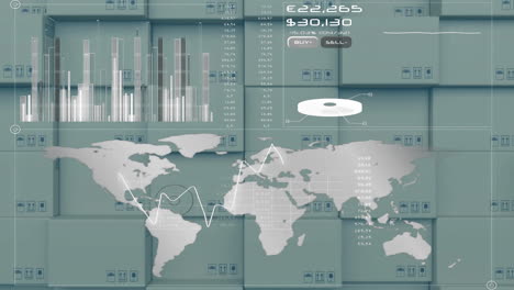 Animación-De-Gráficos,-Números-Cambiantes,-Símbolos-De-Moneda-Y-Mapas-Sobre-Cajas-De-Cartón