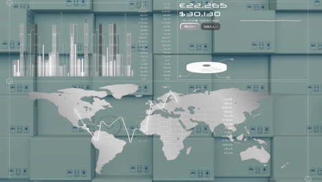 animación de gráficos, números cambiantes, símbolos monetarios y mapa sobre cajas de cartón