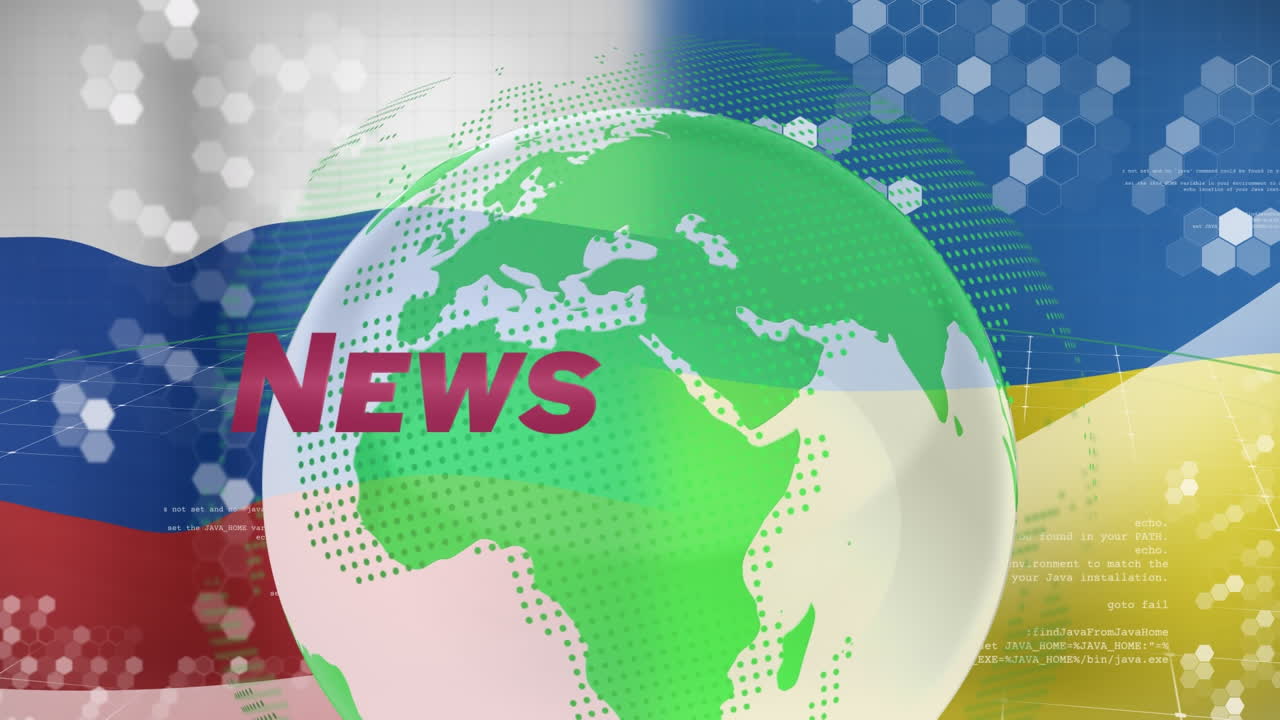 우크라이나 와 러시아 의  ⁇ 발 위 에 있는 글로브 와 뉴스 의 애니메이션