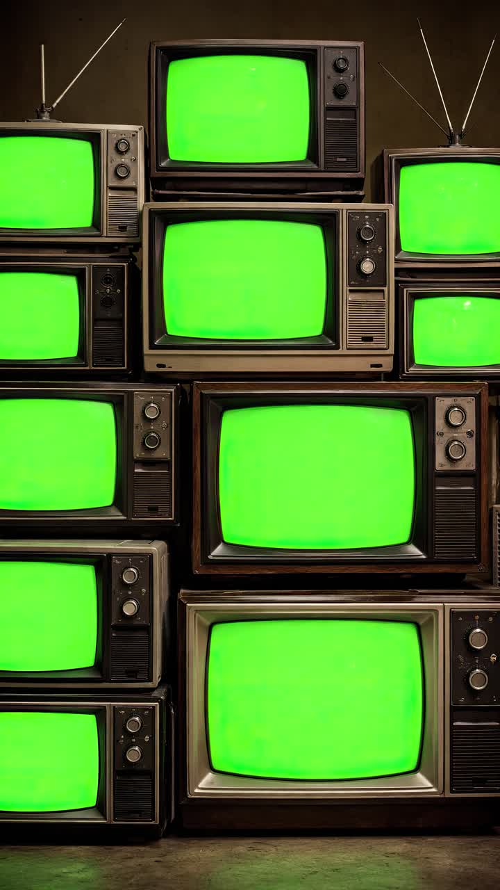 Molteplici televisori vintage con effetto neve e schermo verde.