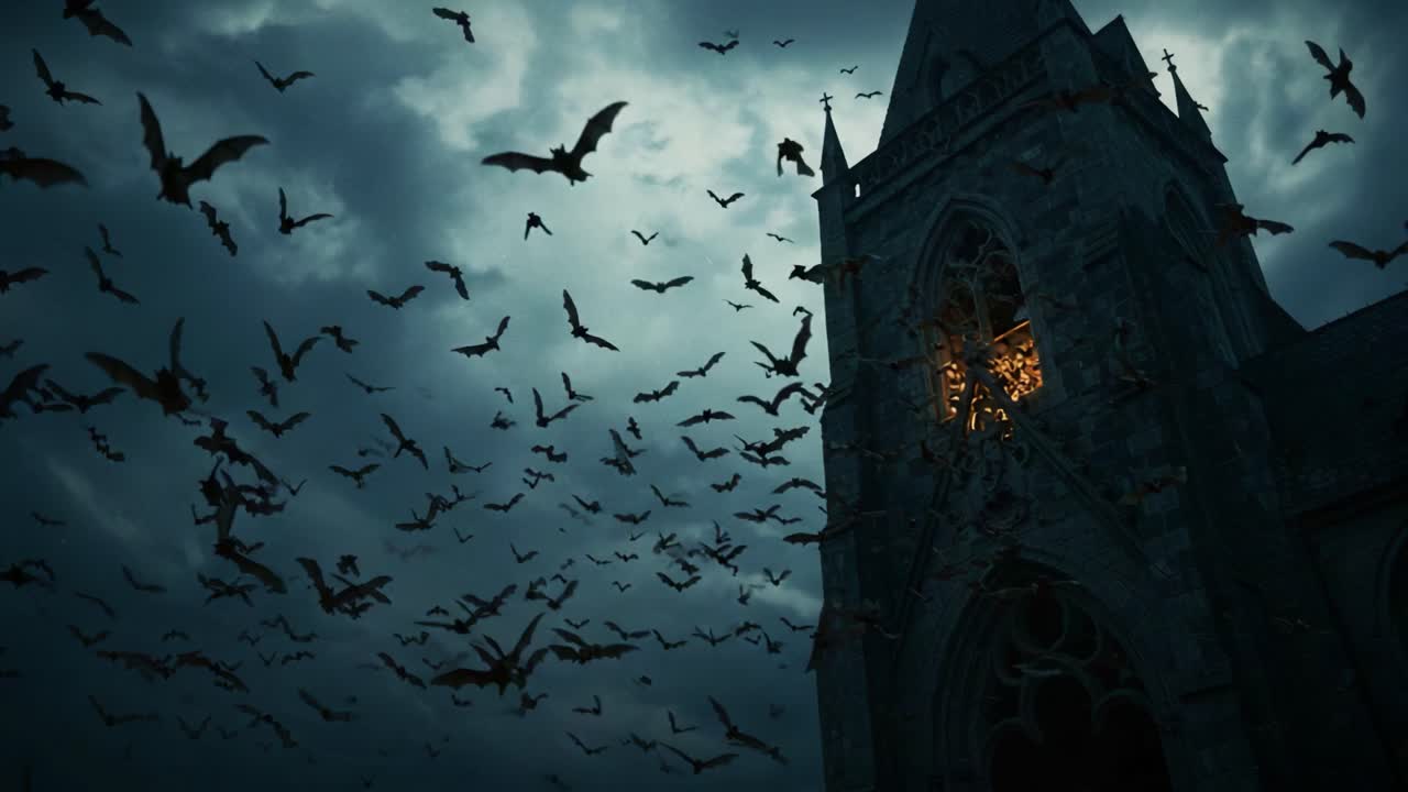 A Haunting Scene of Dark Skies and Bats Emanating from an Enigmatic Church, Eclipsed by Shadows and Mystery as the Night Unfolds
