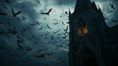 a haunting scene of dark skies and bats emanating from an enigmatic church, eclipsed by shadows and mystery as the night unfolds