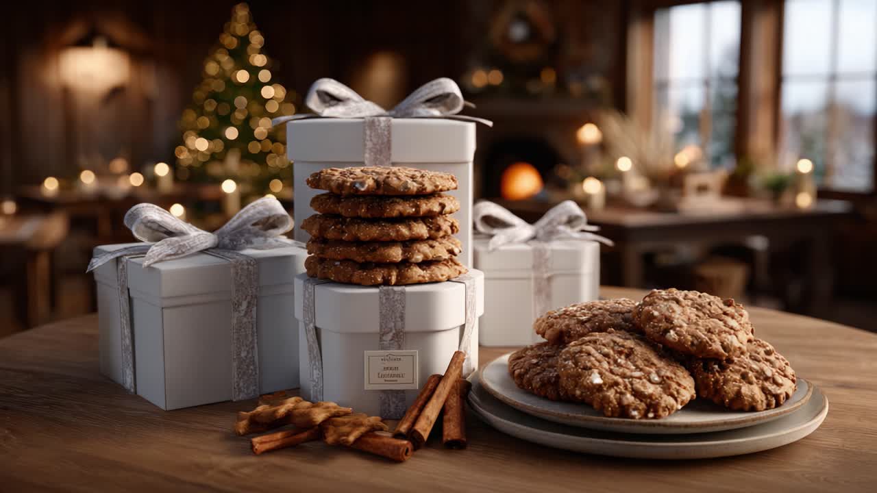 Delightful Holiday Treats: A Beautiful Display of Gourmet Cookies and Festive Gift Boxes in a Cozy, Rustic Setting, Perfect for Seasonal Celebrations and Gatherings