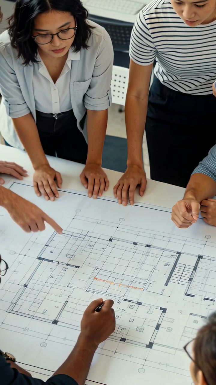 Vertical video: Leaning women sparking team in tops eyeing, marking plan at desk with pen, deciding