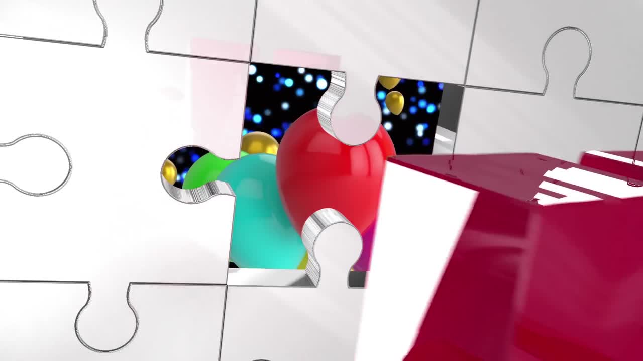 animación de la pieza del rompecabezas de apertura de llave que muestra globos volando sobre un fondo negro