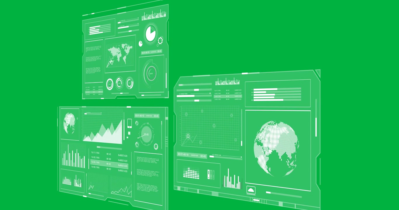 Animation of statistics and financial data processing on screens over transparent background