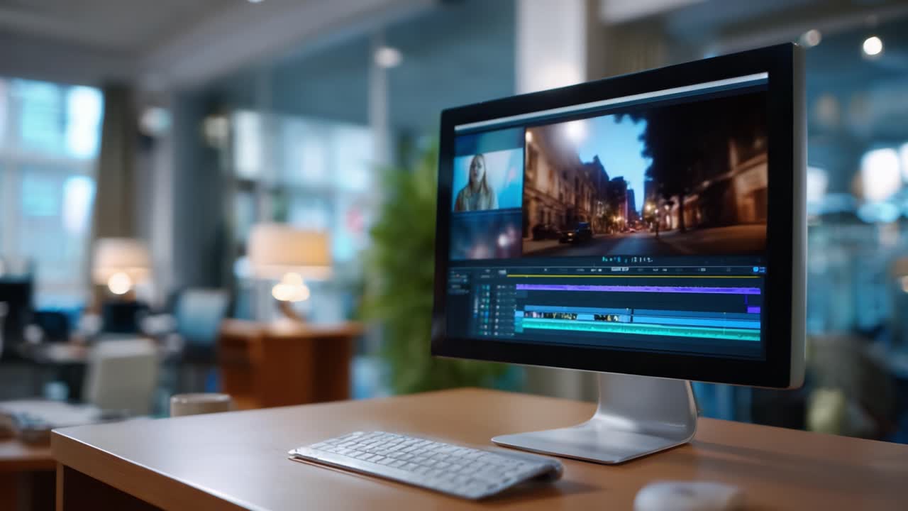 Acquisizione di una sessione di editing al computer: presentazione dell'editing video su un monitor con un'area di lavoro creativa immersa in una tenue illuminazione da ufficio e un'estetica moderna