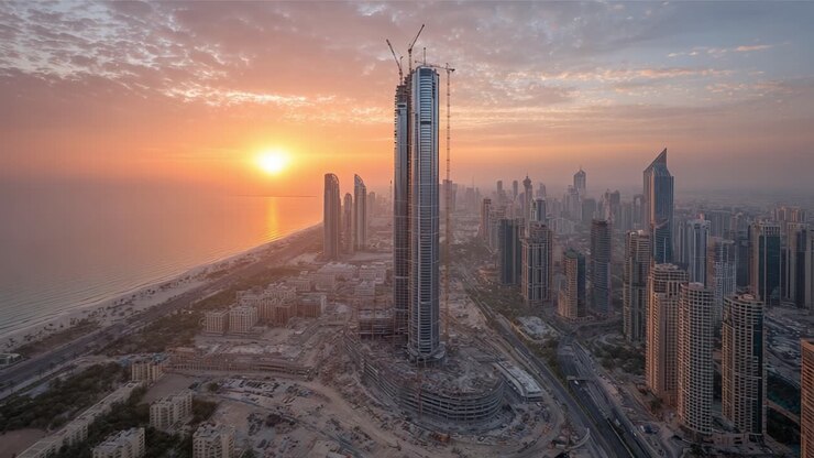 Un tramonto mozzafiato sullo sviluppo urbano: vista accattivante di un imponente grattacielo tra un vivace paesaggio urbano e riflessi scintillanti dell'oceano