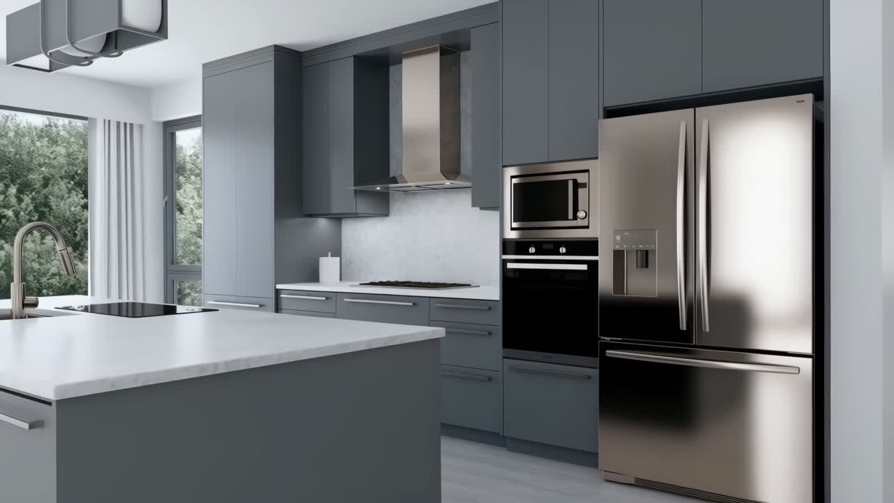 Modern Grey Kitchen Interior with Stainless Steel Appliances and Island