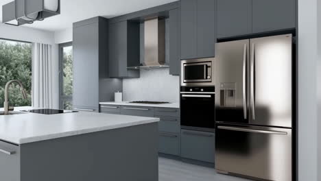 modern grey kitchen interior with stainless steel appliances and island